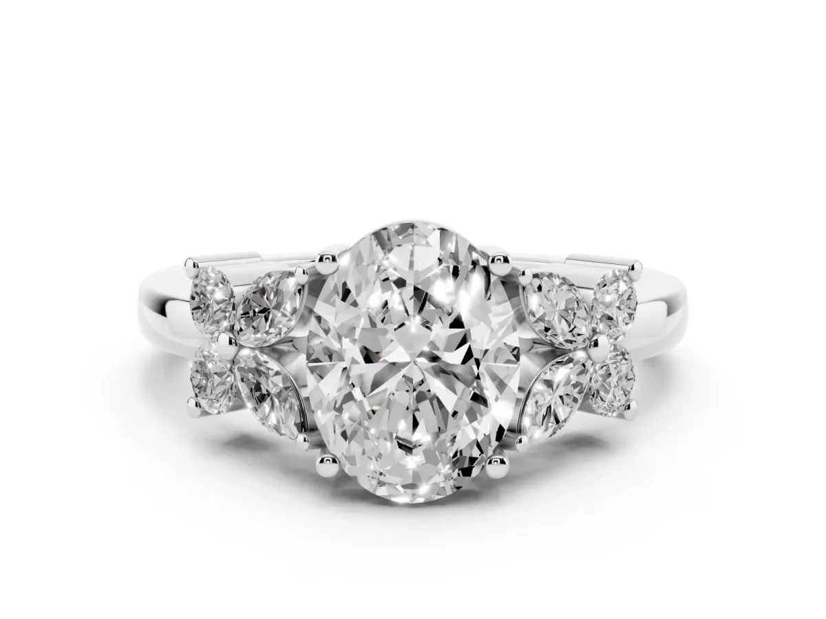 Oval Cut Diamond Floral Cluster Ring with Solitaire Band and Prong Setting Silver