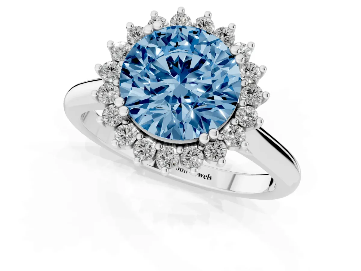 Fancy Blue Round Cut Cut Diamond Halo Ring with Solitaire Band and Prong Setting Silver