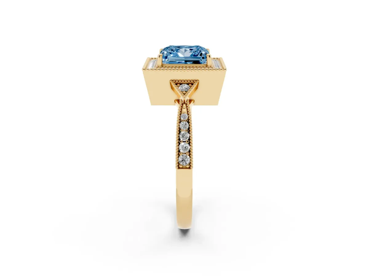 Fancy Blue Princess Cut Halo Round Diamond Milgrain Pave Engagement Ring Yellow gold