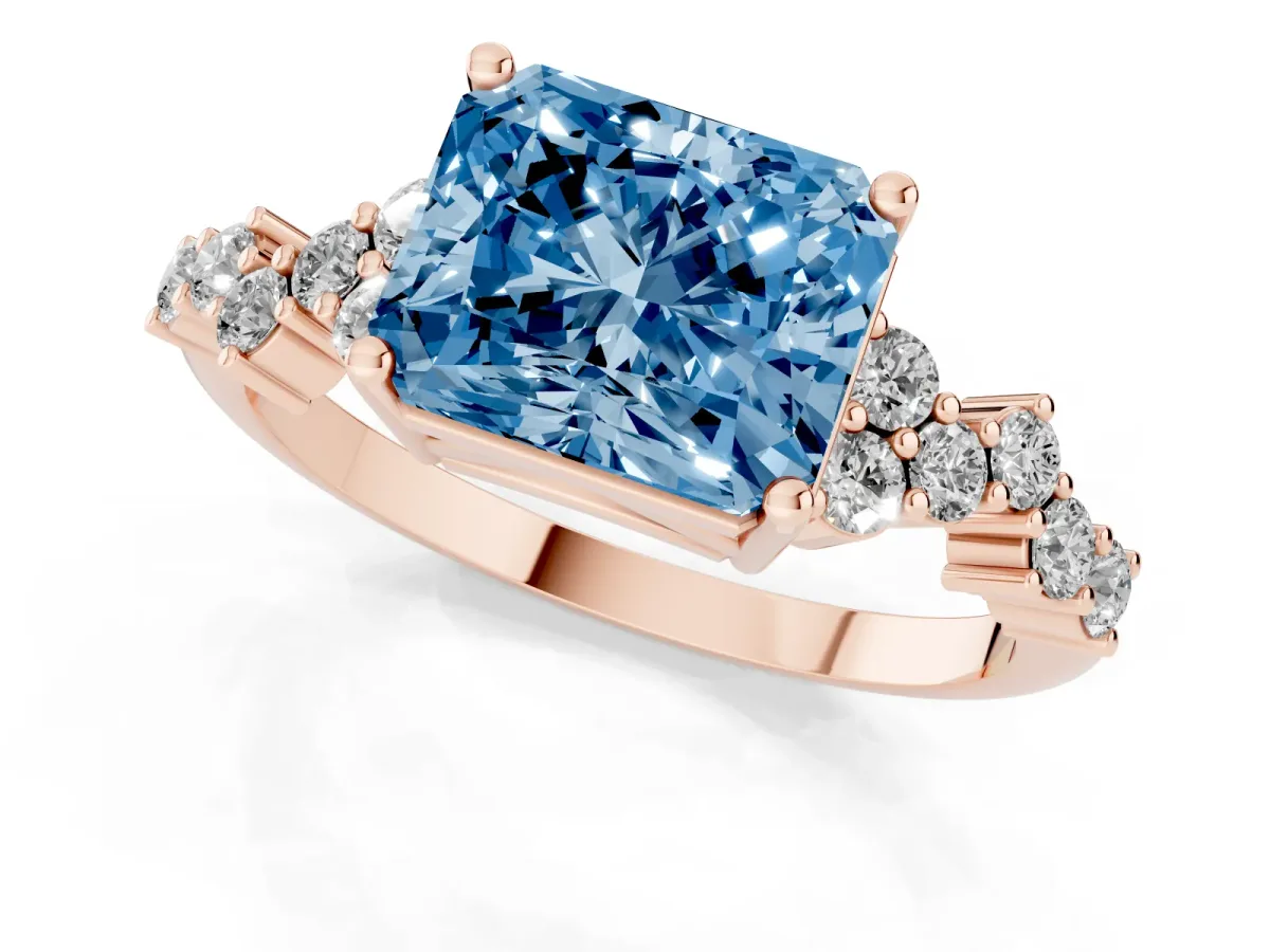 Fancy Blue Radiant Cut Diamond Scattered Round Accent Ring with Prong Setting Rose gold