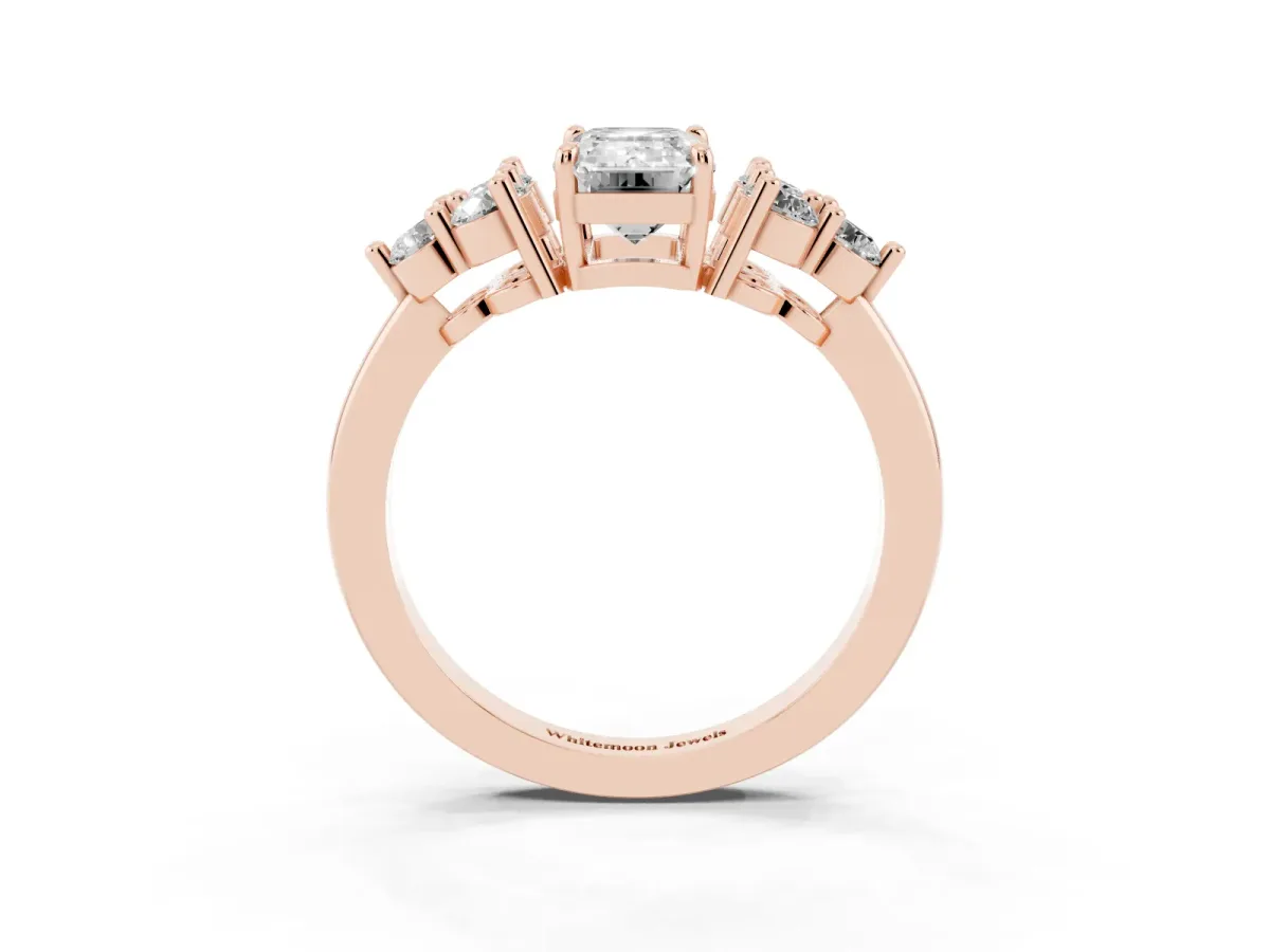 Emerald Cut Brilliant Diamond Cluster Accent Solitaire Ring with Prong Setting Rose gold