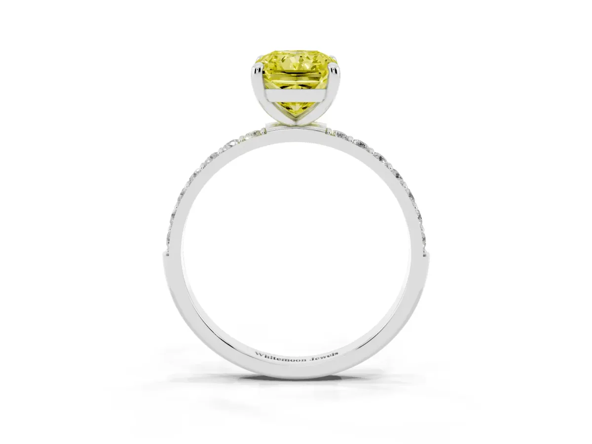 Fancy Yellow Radiant Cut Diamond Solitaire Ring with Round Pavé Band and Prong Setting Silver