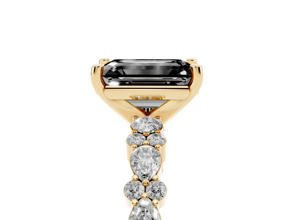 Fancy Black Emerald Cut Diamond Side Stone Solitaire Ring with Round and Four-Prong Setting Yellow gold