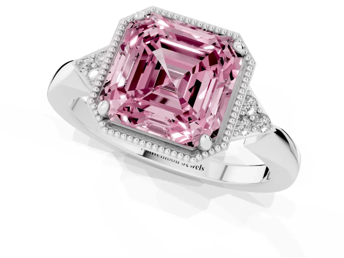 Fancy Pink Milgrain Asscher Cut Cut Diamond Ring with Tapered Pave Band and Four Prong Setting White gold