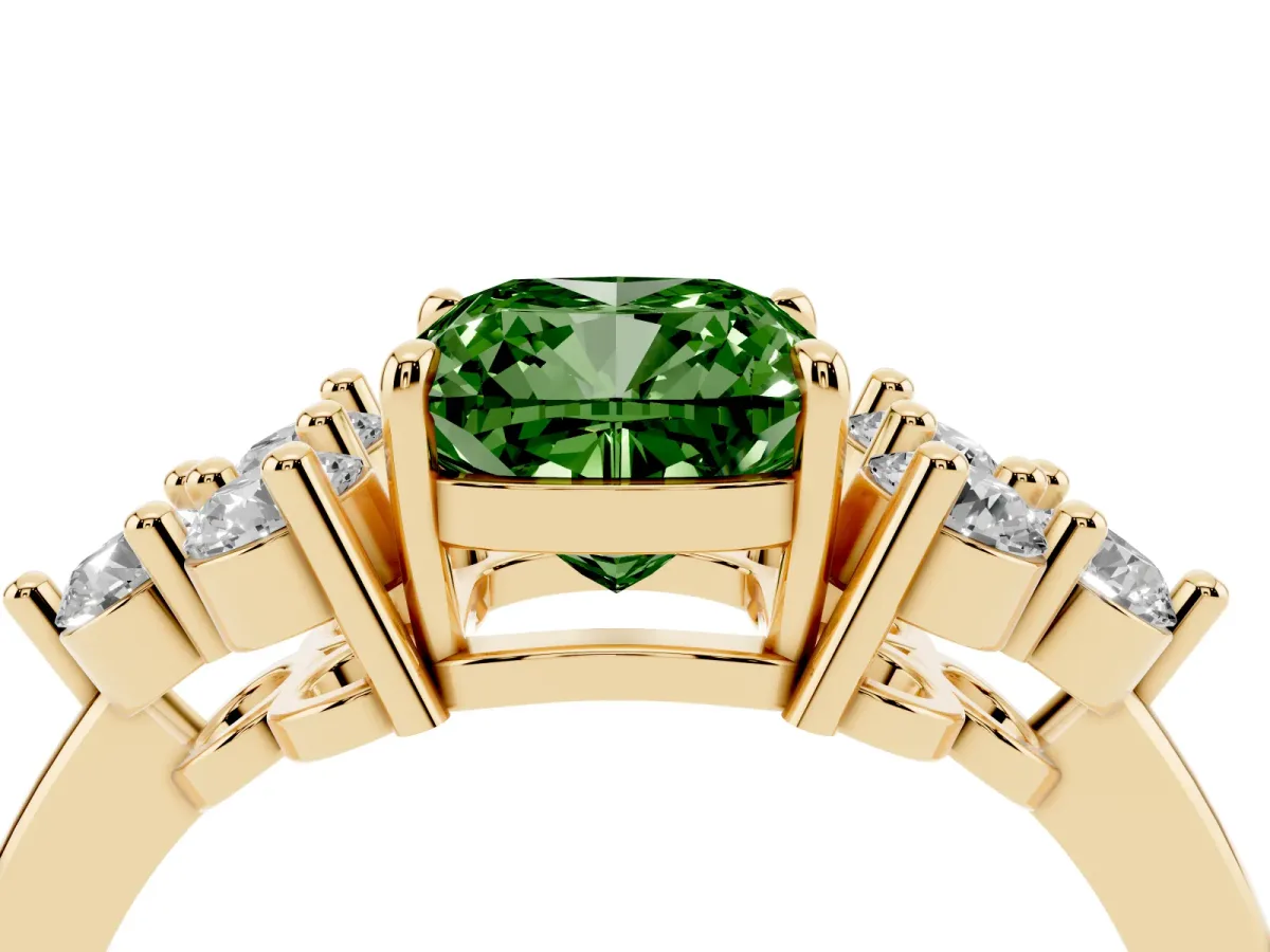 Fancy Green Cushion Cut Brilliant Diamond Cluster Accent Solitaire Ring with Prong Setting Yellow gold