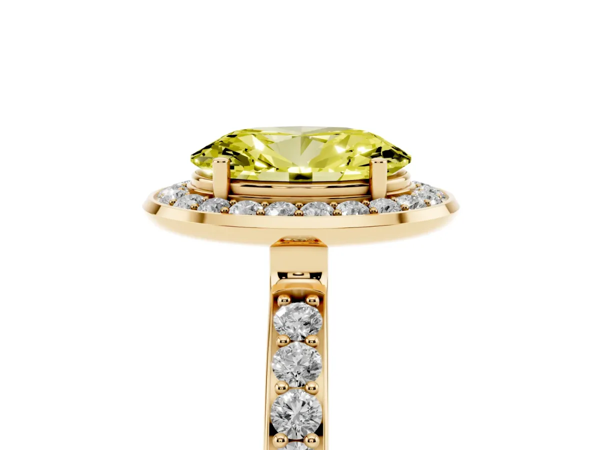 Fancy Yellow Oval Cut Diamond Halo Ring with Bezel Frame and Pavé Band Yellow gold