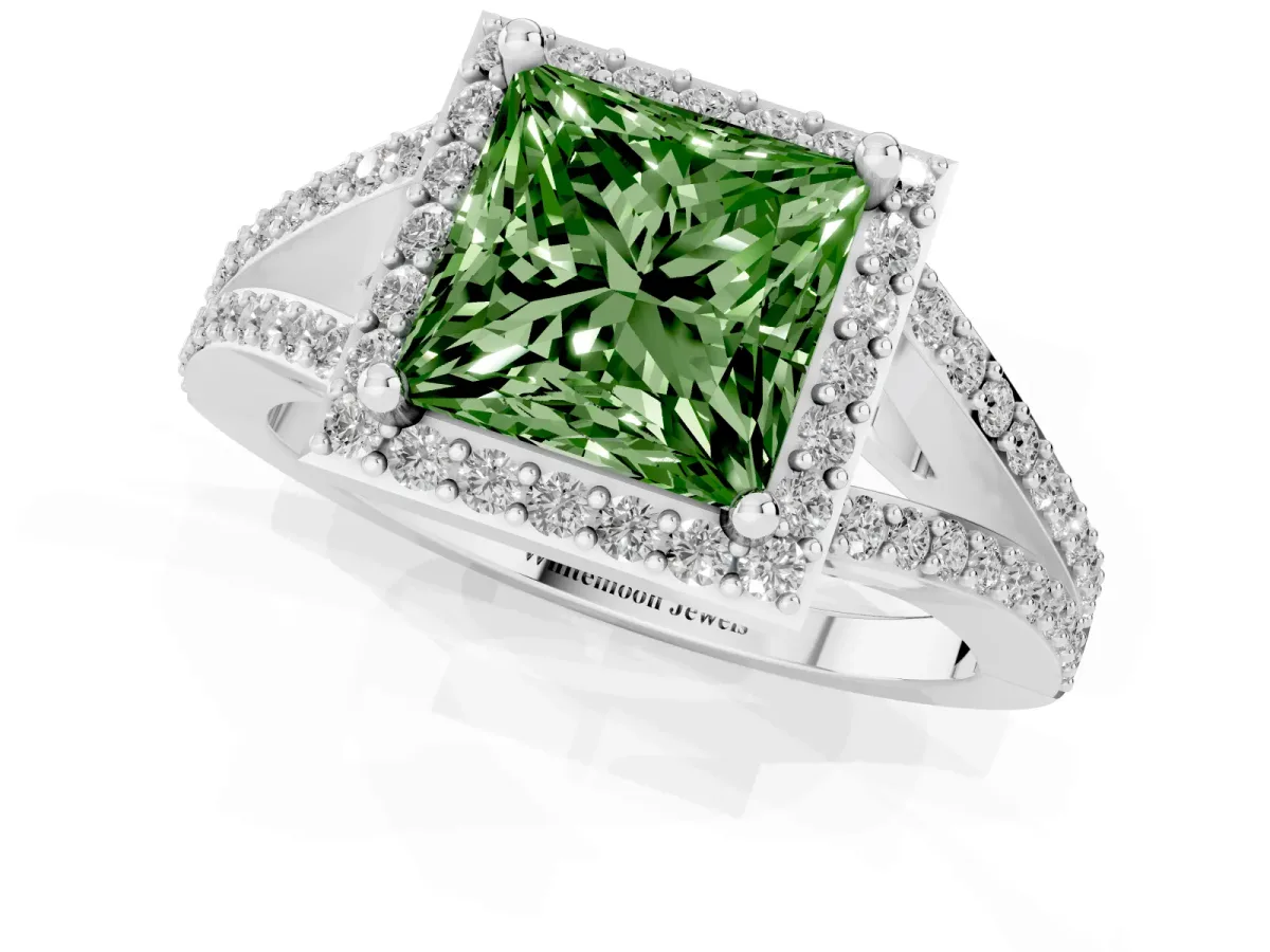 Fancy Green Princess Cut Halo Split Shank Diamond Ring with Prong Setting White gold