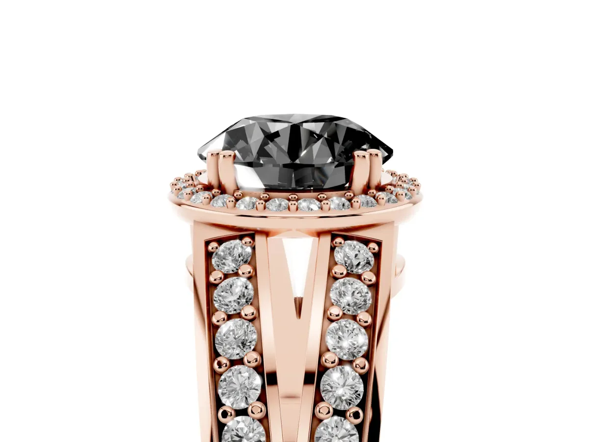Fancy Black Round Cut Diamond Halo Ring with Split Shank Pavé Band and Four-Prong Setting Rose gold