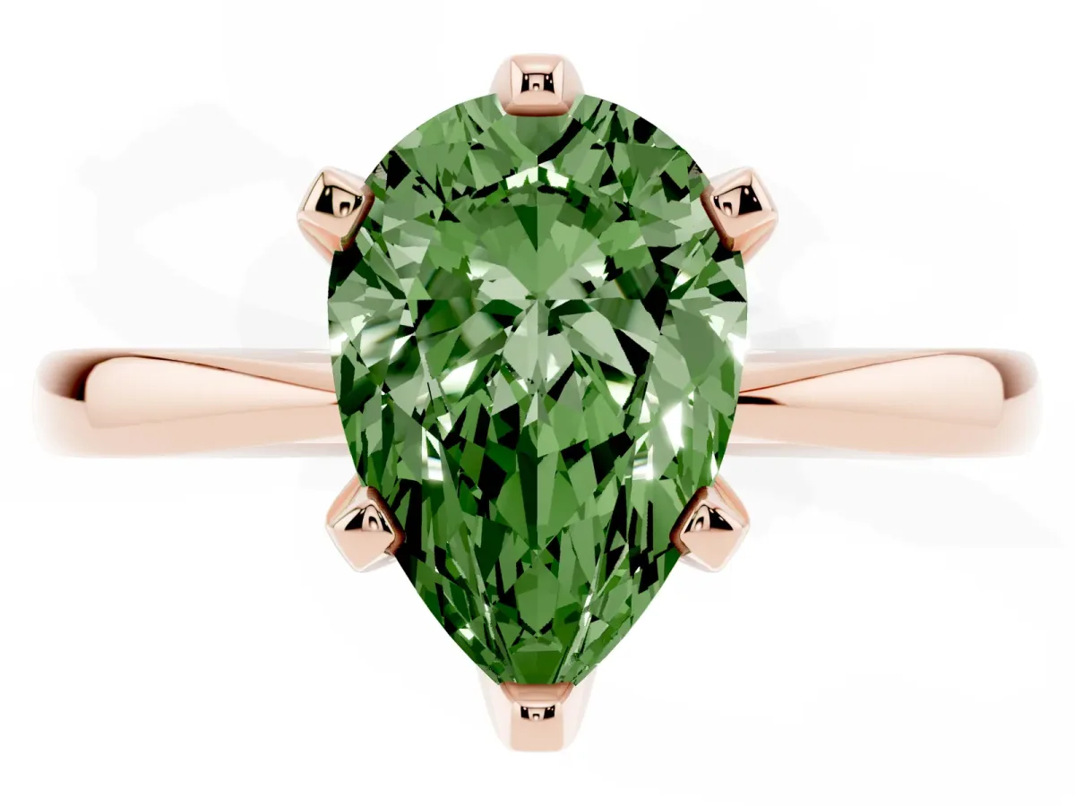 Fancy Green Pear Cut Solitaire Engagement Ring with Six-Prong Setting and Tapered Band Rose gold