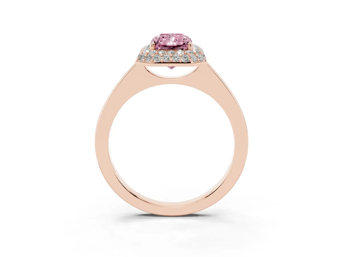 Fancy Pink Radiant Cut Halo Diamond Engagement Ring with Solitaire Band and Four-Prong Setting Rose gold