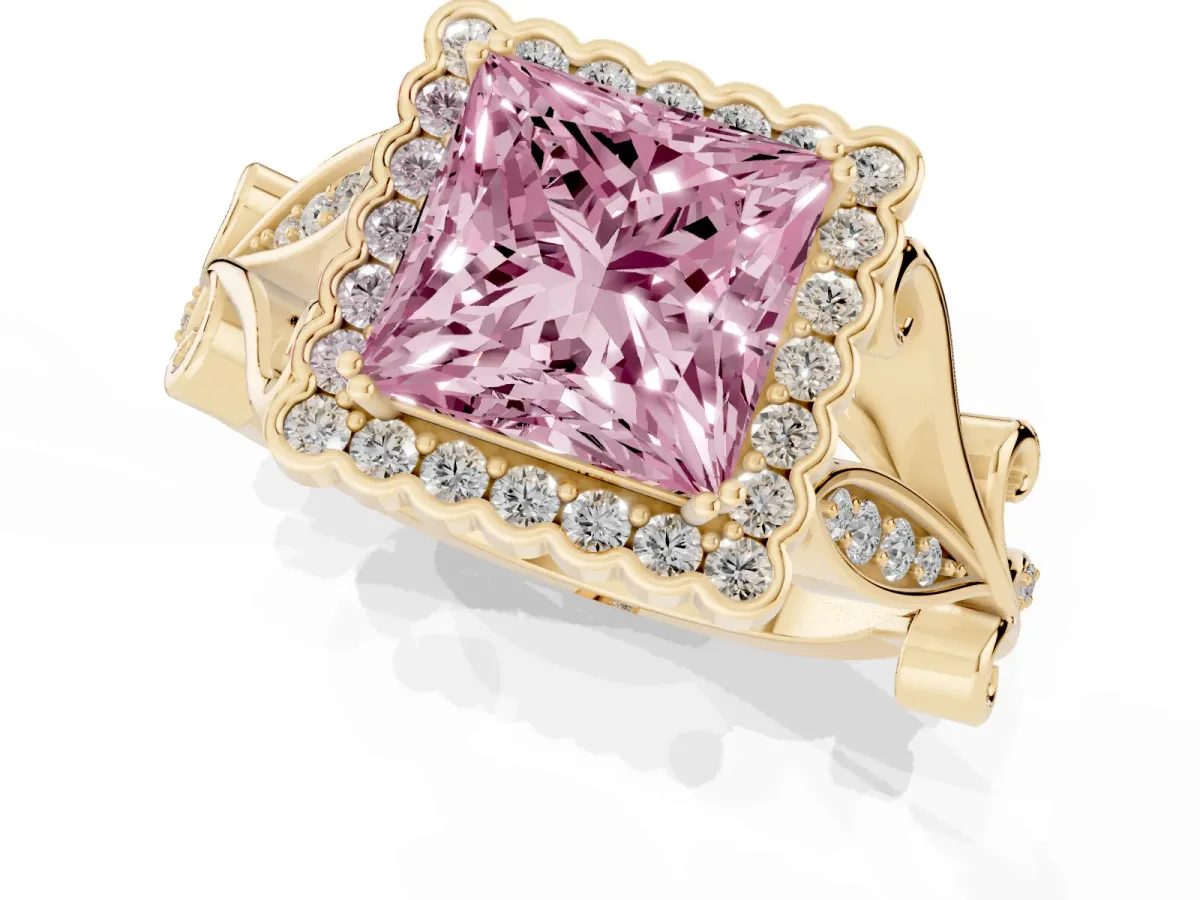 Fancy Pink Princess Cut Diamond Halo Ring with Vintage Split Shank and Four-Prong Setting Yellow gold