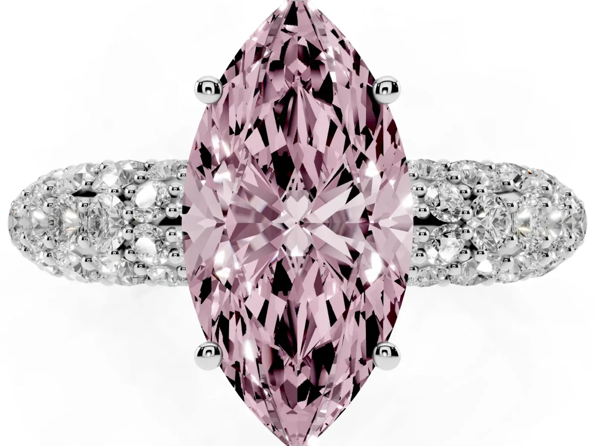 Fancy Pink Marquise Cut Diamond Pavé Band Solitaire Ring with Four-Prong Setting Silver