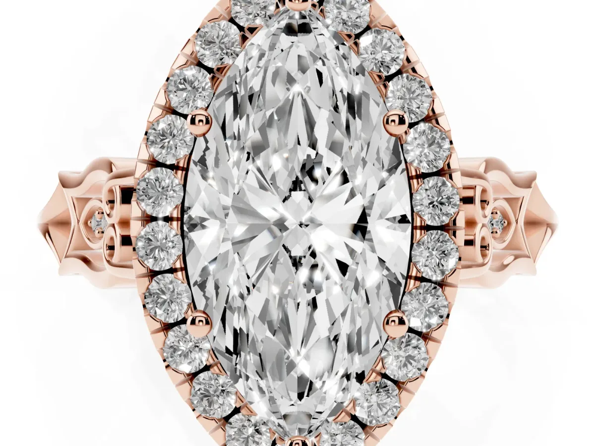 Marquise Cut Halo Diamond Engagement Ring with Filigree Band and Four-Prong Setting Rose gold