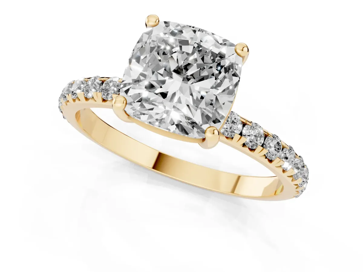 Cushion Cut Cut Diamond Solitaire Ring with Micro Pave Band and Four Prong Setting Yellow gold
