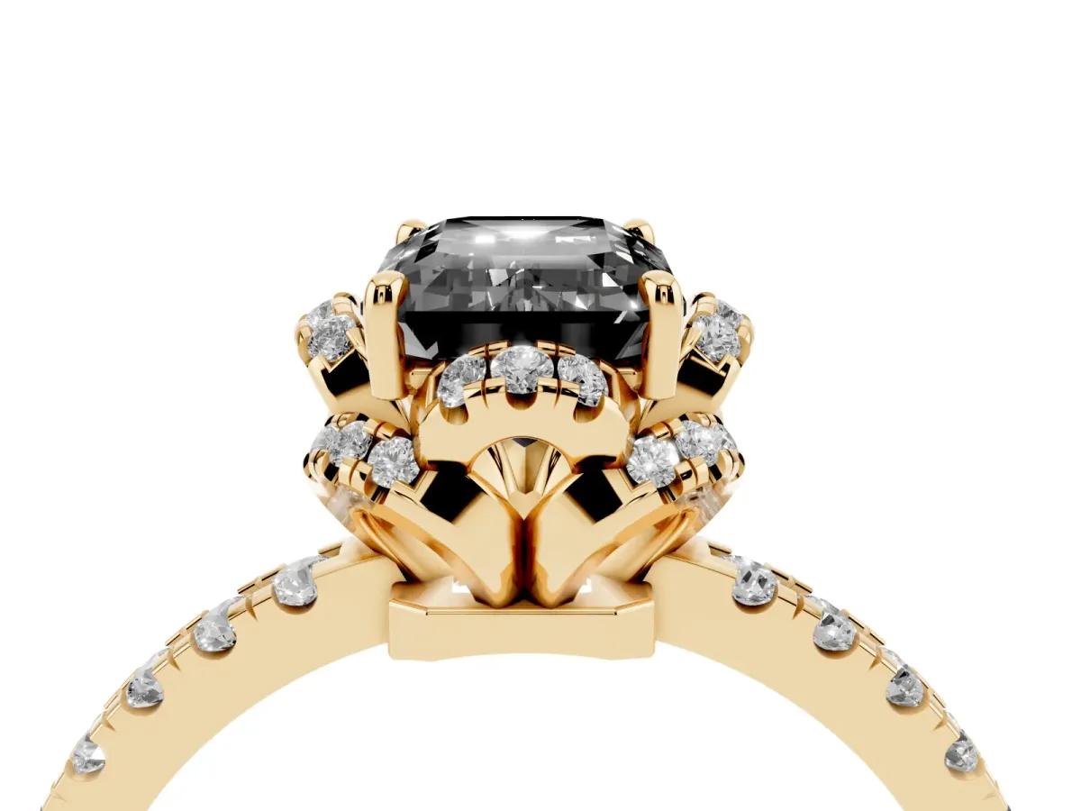 Fancy Black Emerald Cut Diamond Halo Pave Band with Four-Prong Setting Yellow gold