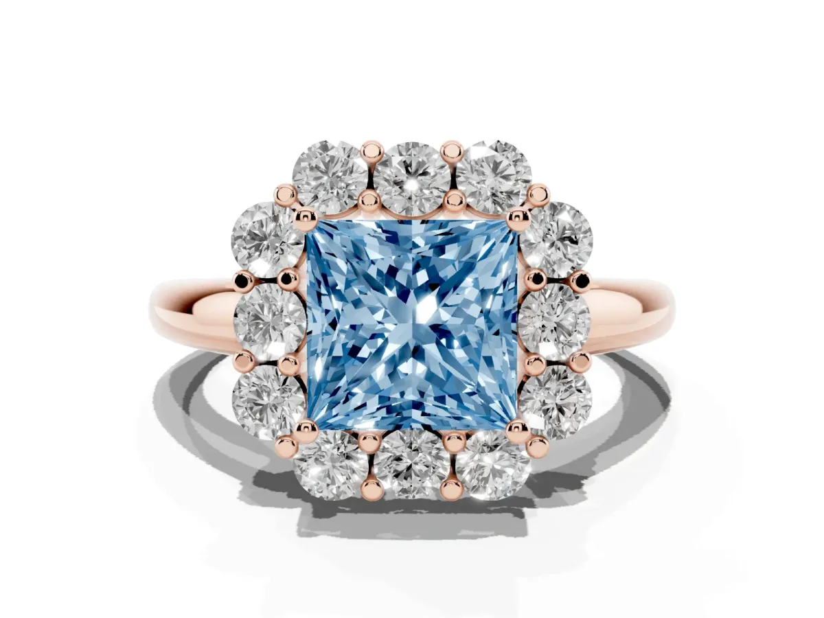 Fancy Blue Princess Cut Halo Milgrain Solitaire with Bezel Set Side Stones and Pave Band Rose gold