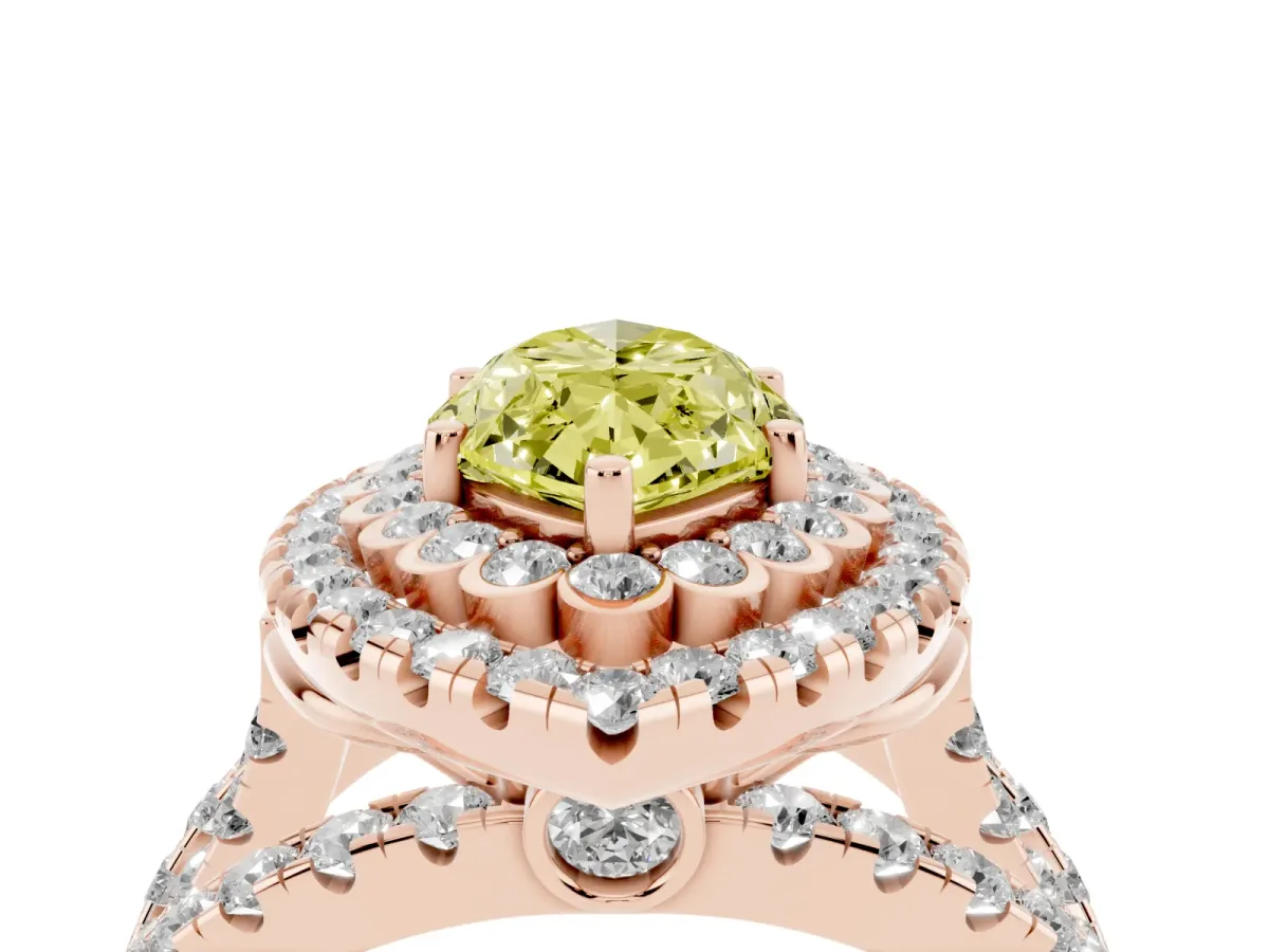 Fancy Yellow Marquise Cut Diamond Double Halo Ring with Round Pavé Split Shank and Prong Setting Rose gold