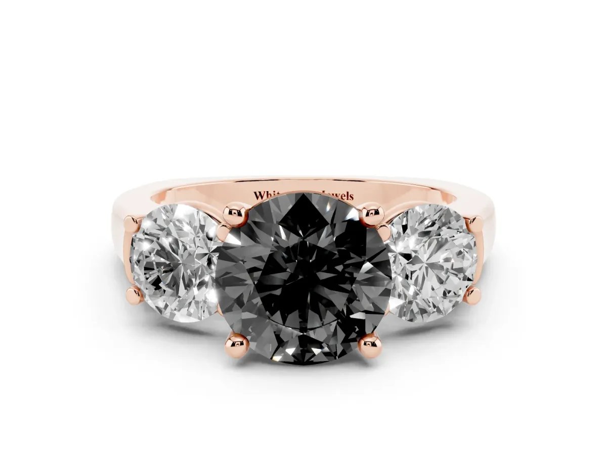 Fancy Black Three-Stone Round Cut Brilliant Diamond Trellis Ring with Comfort Fit Band Rose gold