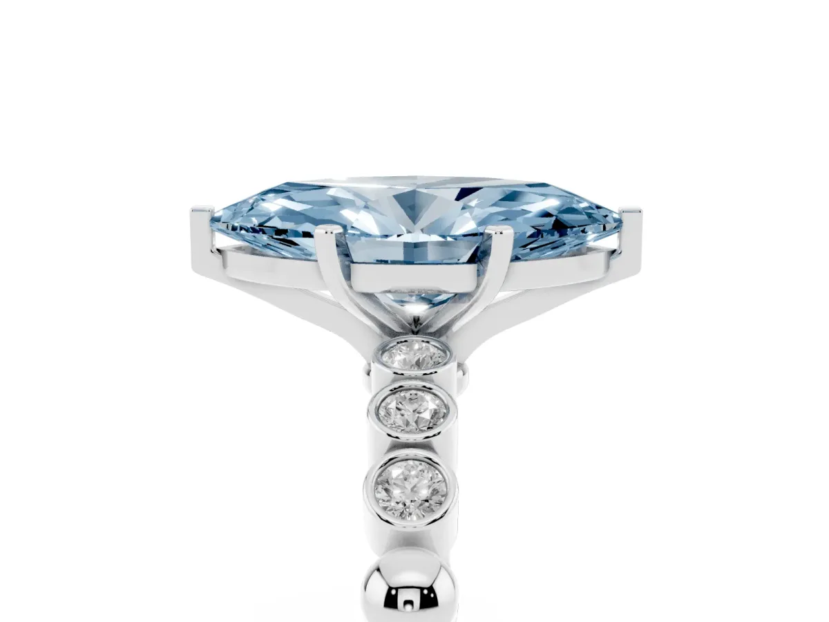 Fancy Blue Marquise Cut Solitaire Bezel Accent Diamond Engagement Ring with Beaded Band and Four-Prong Setting Platinum