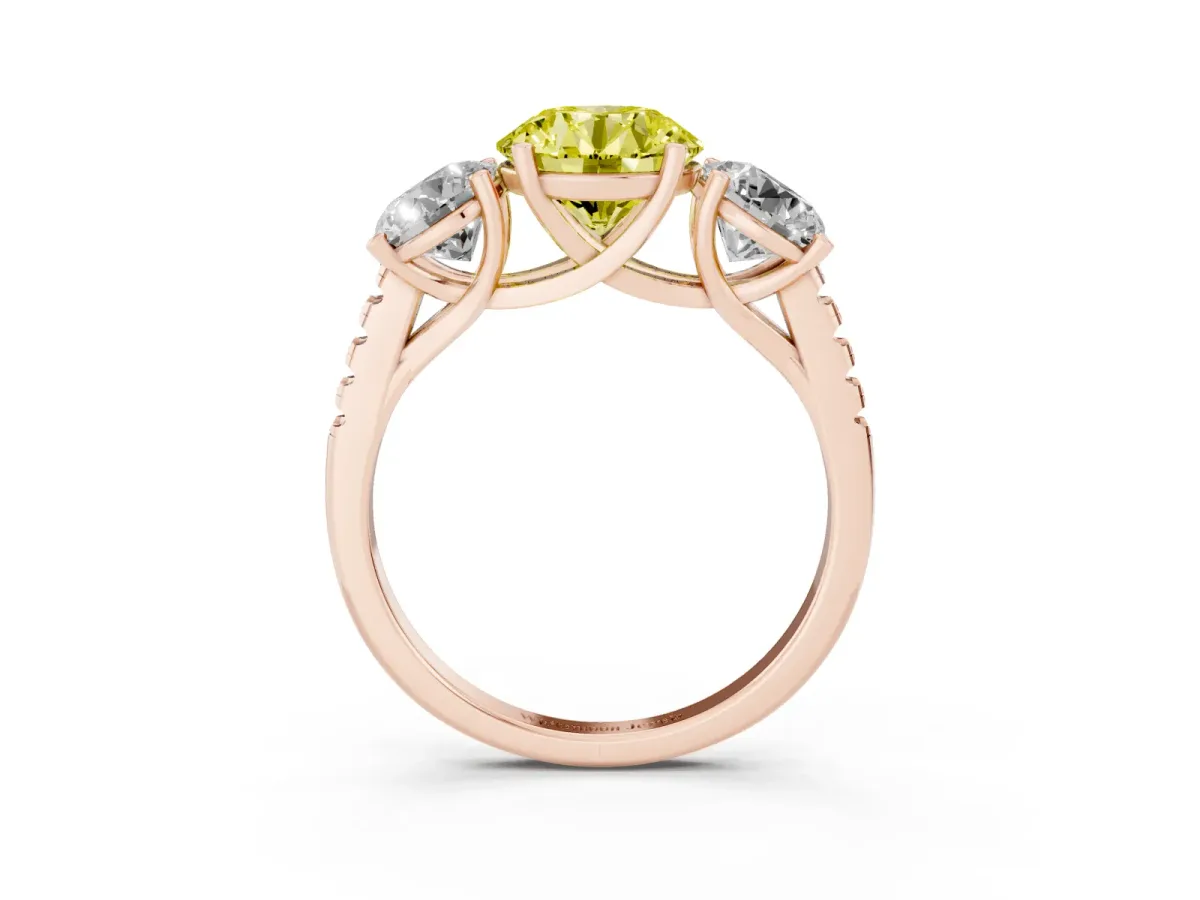 Fancy Yellow Three-Stone Round Cut Diamond Ring with Round Pavé Band and Prong Setting Rose gold