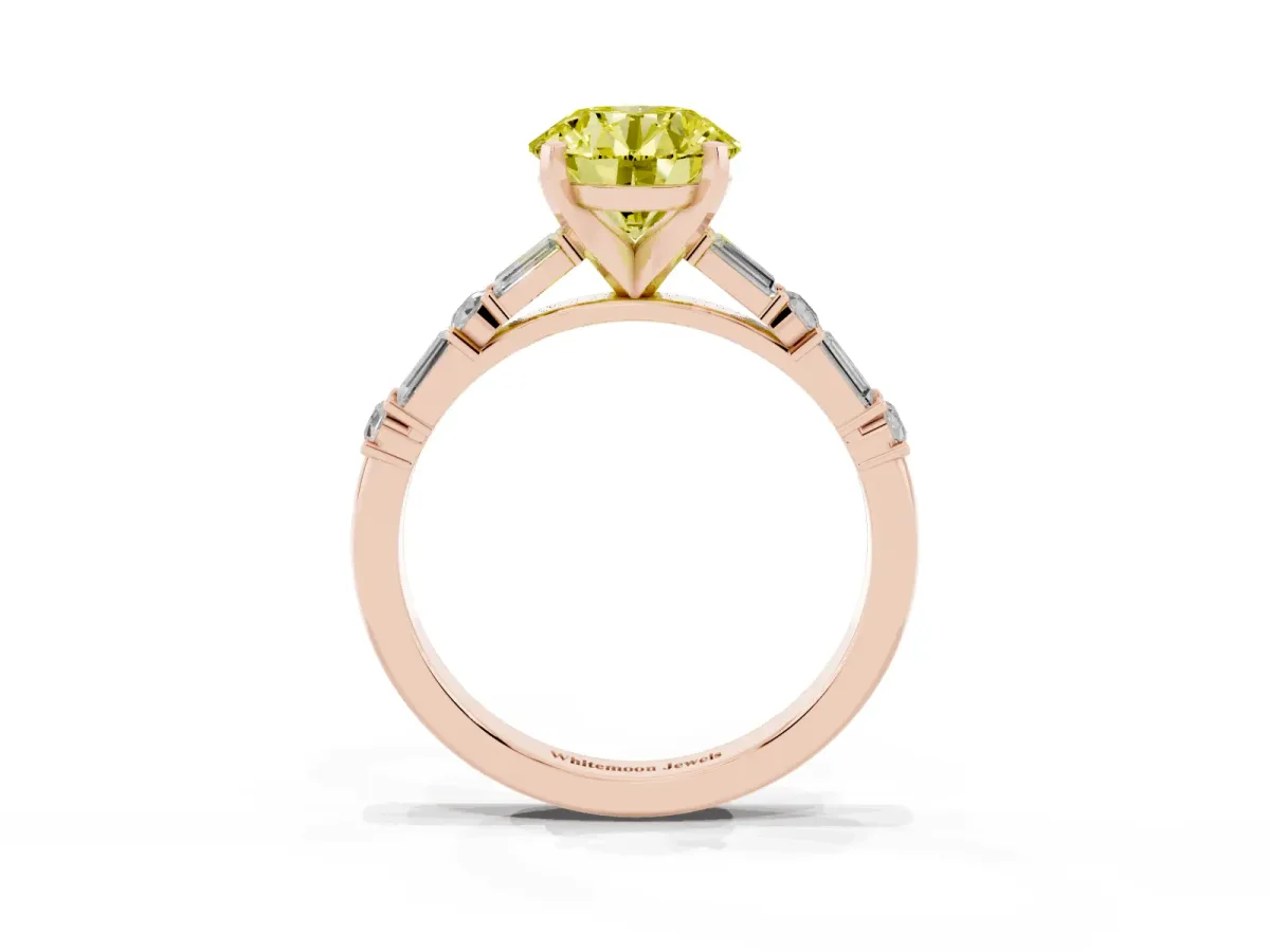 Fancy Yellow Round Cut Diamond Solitaire with Side Baguettes and Channel Set Band Rose gold