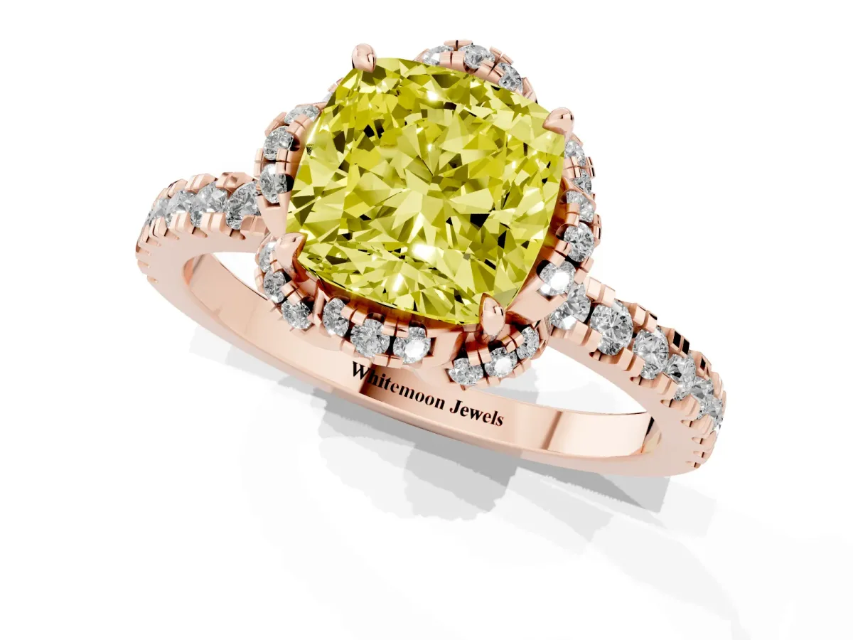 Fancy Yellow Cushion Cut Diamond Halo Pave Band with Four-Prong Setting Rose gold