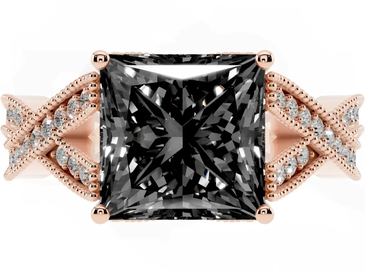 Fancy Black Princess Cut Cut Diamond Twisted Band with Milgrain Pave Setting and Four-Prong Setting Rose gold