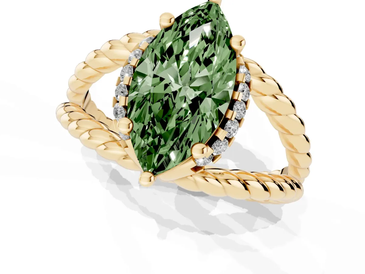 Fancy Green Marquise Cut Halo Twisted Band Four-Prong Ring Yellow gold