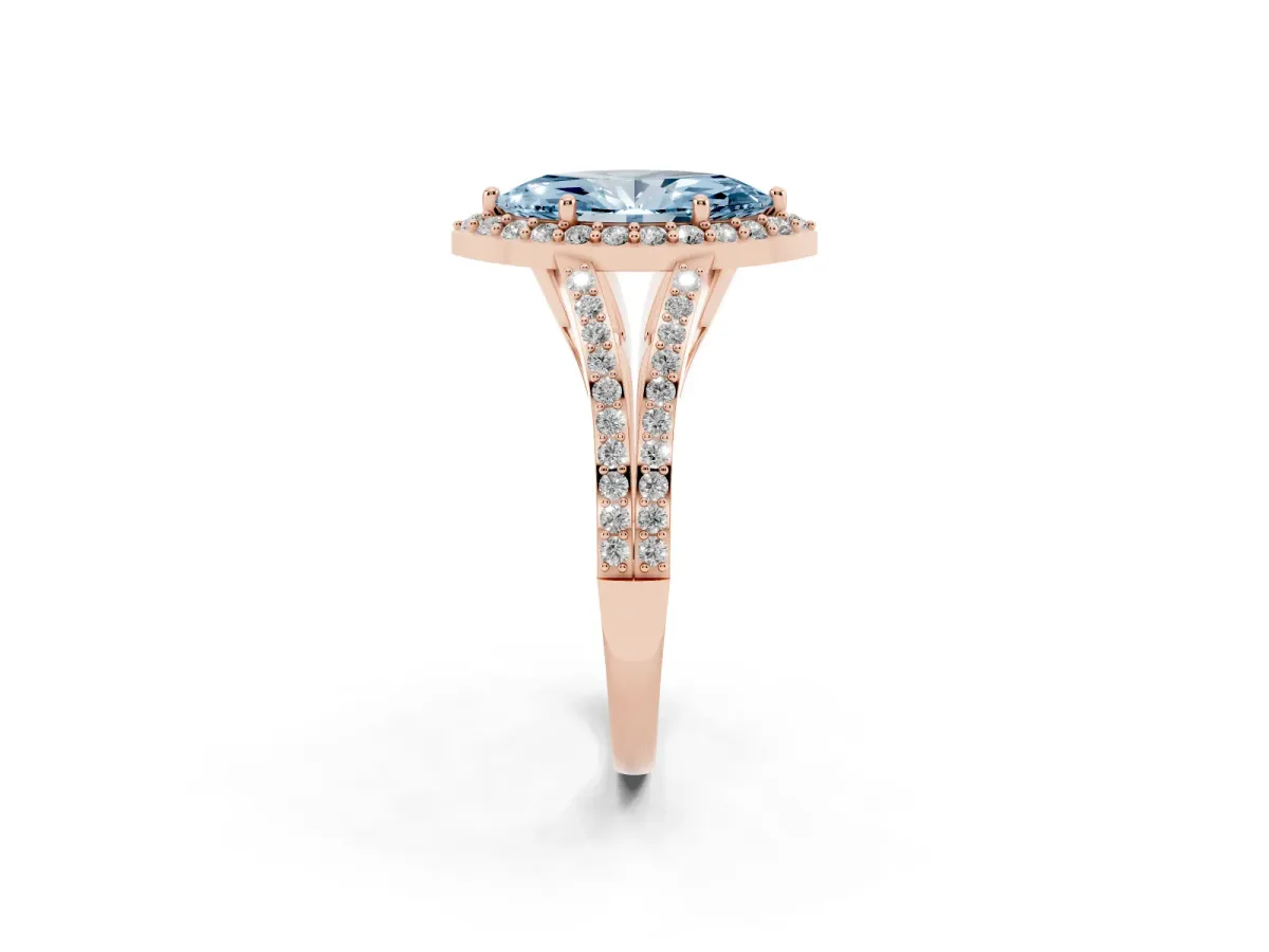Fancy Blue Marquise Cut Halo Split Shank Diamond Ring with Prong Setting Rose gold
