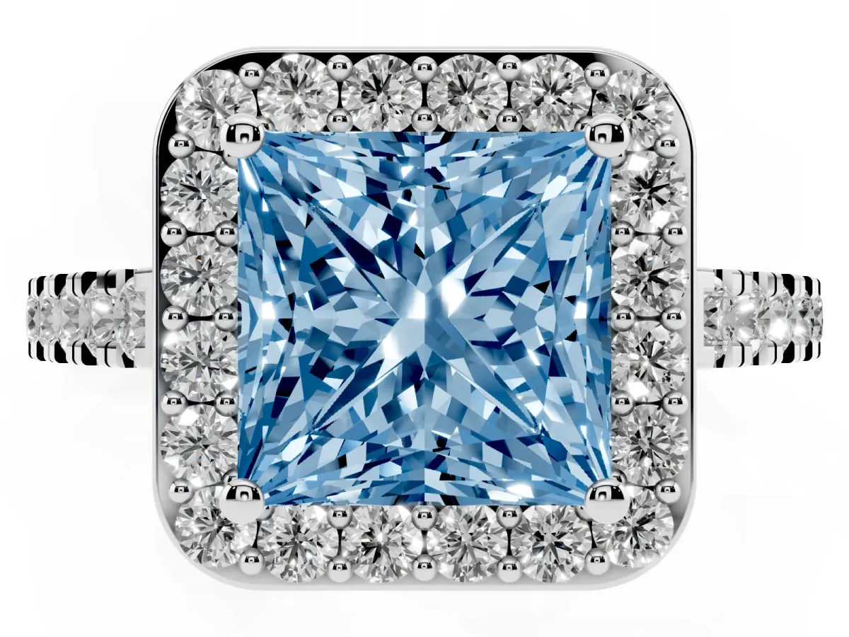 Fancy Blue Princess Cut Diamond Halo Ring with Round Pavé Split Shank and Prong Setting Silver
