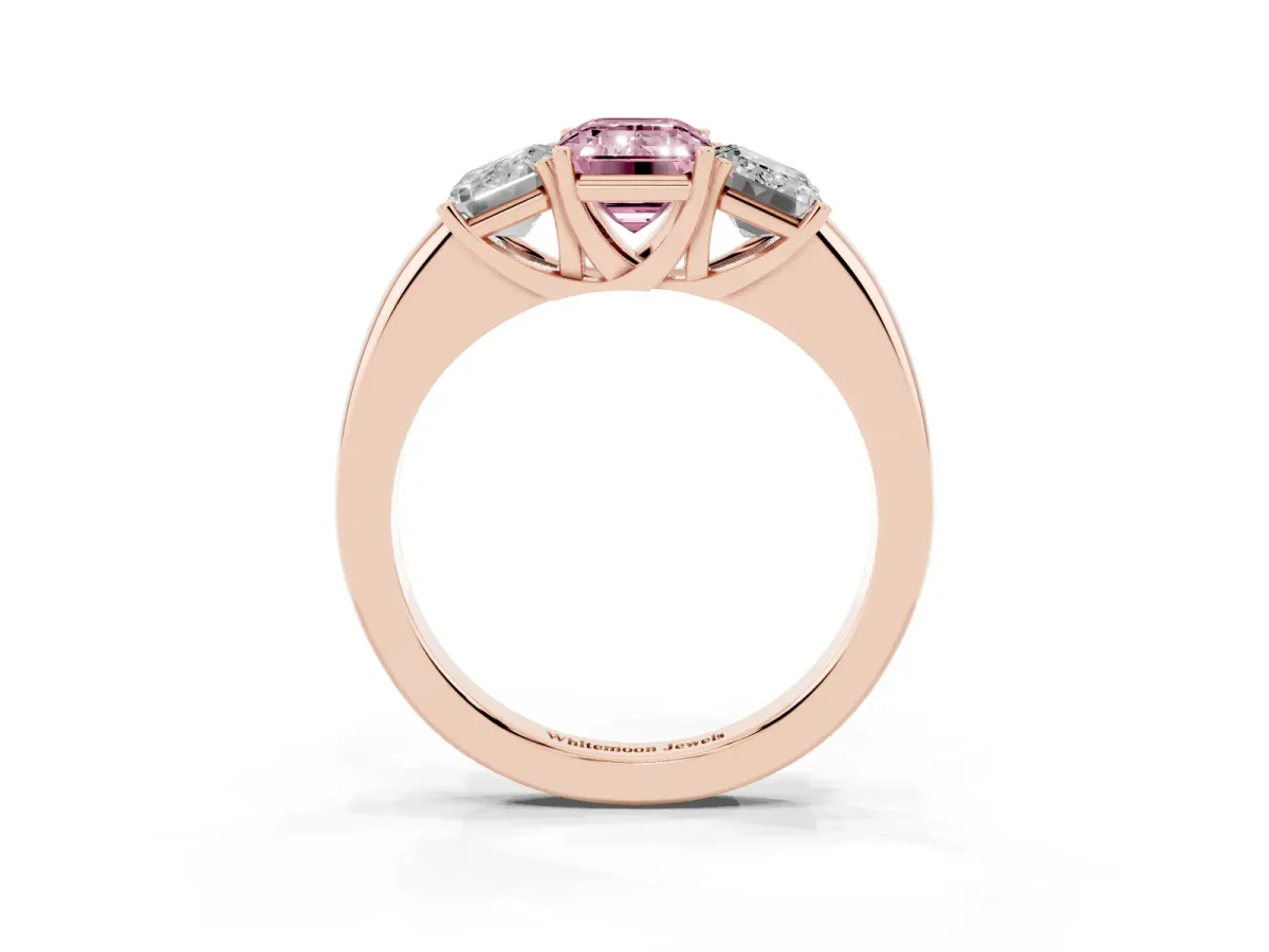 Fancy Pink Emerald Cut Diamond Three-Stone Ring with Four-Prong Setting and Classic Band Rose gold