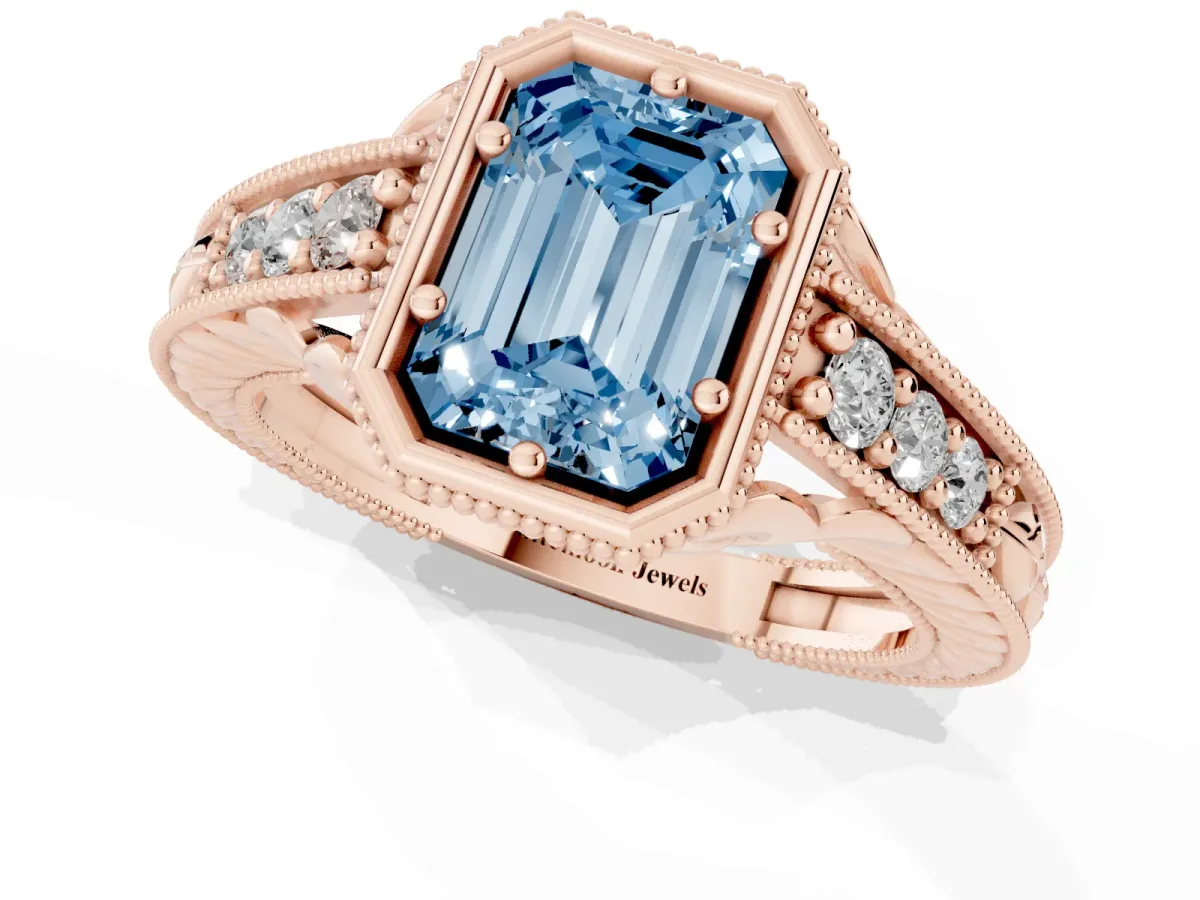 Fancy Blue Bezel Set Emerald Cut Diamond Milgrain Pave Engagement Ring Rose gold