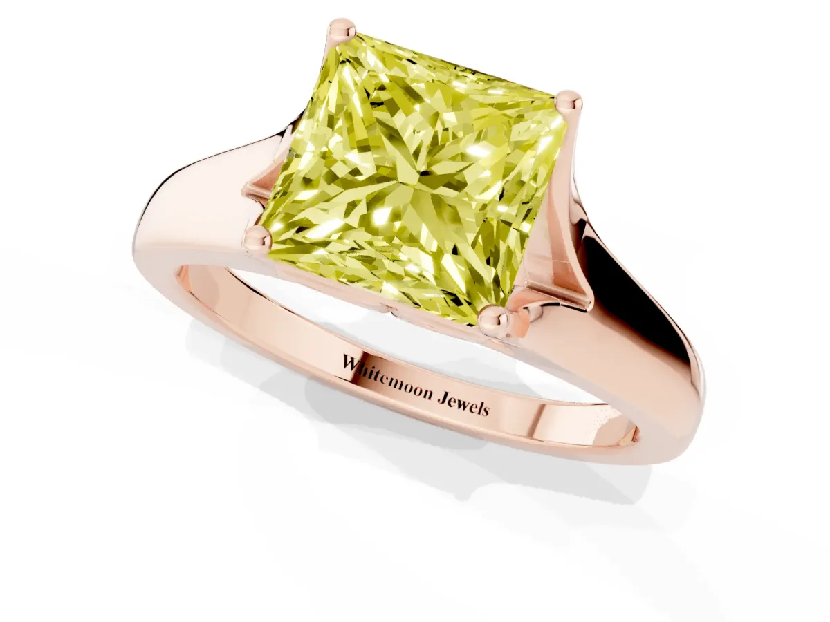Fancy Yellow Princess Cut Solitaire Diamond Ring with Cathedral Band and Four-Prong Setting Rose gold