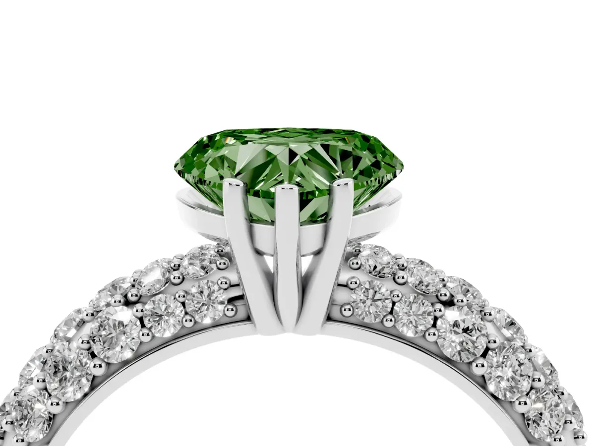 Fancy Green Heart Cut Diamond Pavé Band Solitaire Ring with Four-Prong Setting Silver