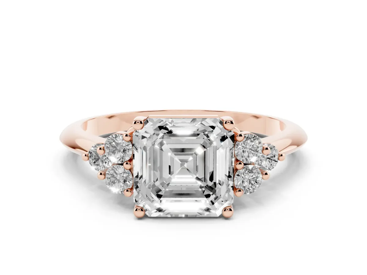 Asscher Cut Cut Diamond Cluster Ring with Solitaire Band and Four-Prong Setting Rose gold