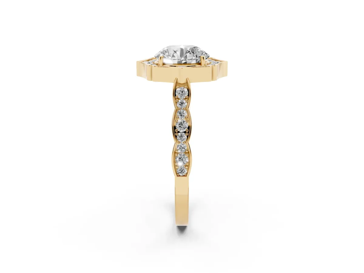 Round Cut Halo Diamond Engagement Ring with Milgrain Band and Four-Prong Setting Yellow gold