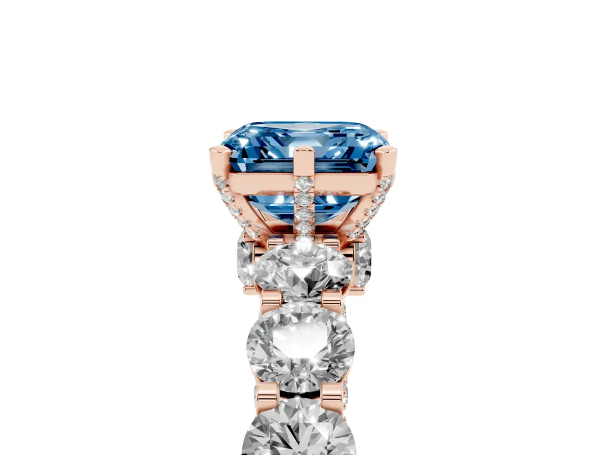 Fancy Blue Asscher Cut Diamond Side Stone Engagement Ring with Four-Prong Setting Rose gold