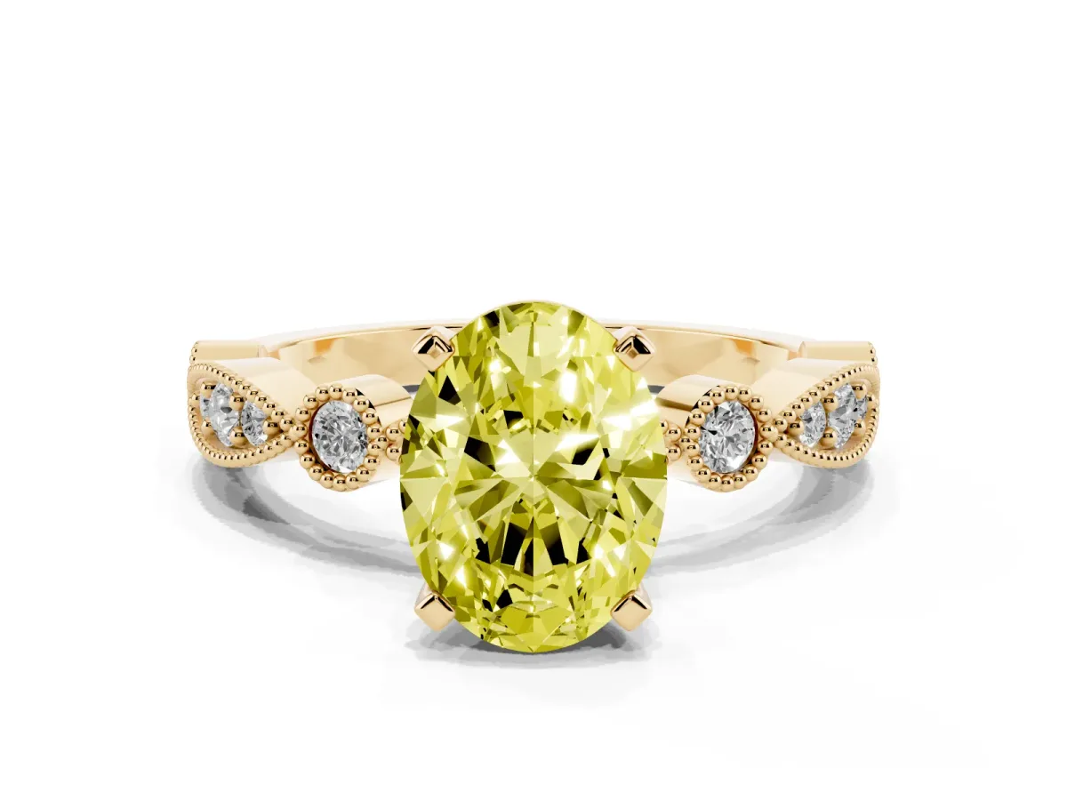 Fancy Yellow Oval Cut Milgrain Bezel Diamond Engagement Ring with Solitaire Prong Setting Yellow gold
