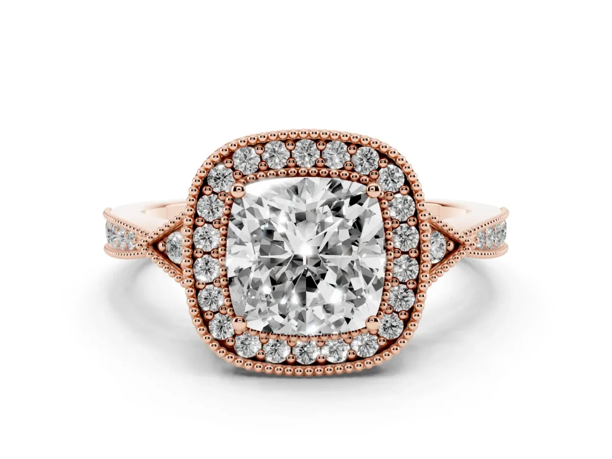 Cushion Cut Halo Round Diamond Milgrain Pave Engagement Ring Rose gold