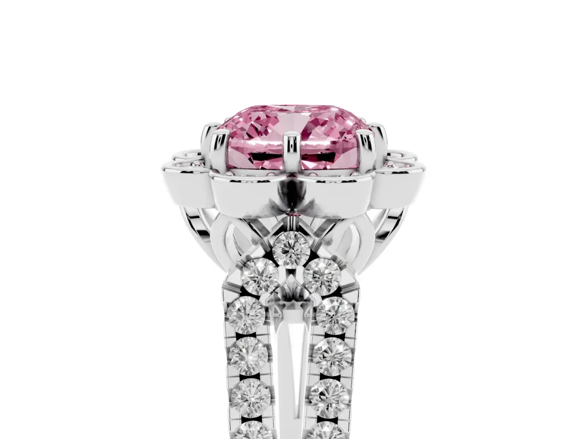 Fancy Pink Cushion Cut Halo Diamond Floral Split Shank Engagement Ring Silver