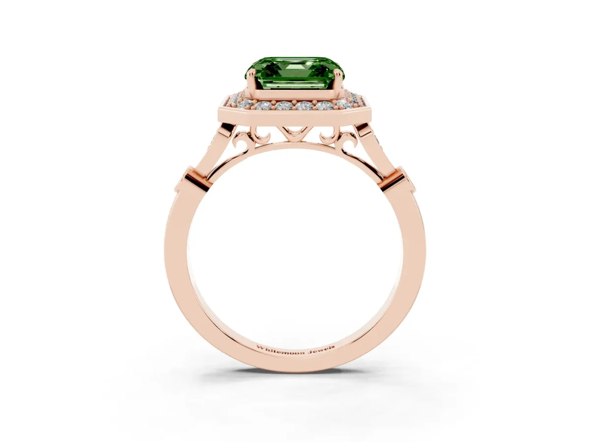 Fancy Green Asscher Cut Halo Diamond Engagement Ring with Twisted Band and Four-Prong Setting Rose gold