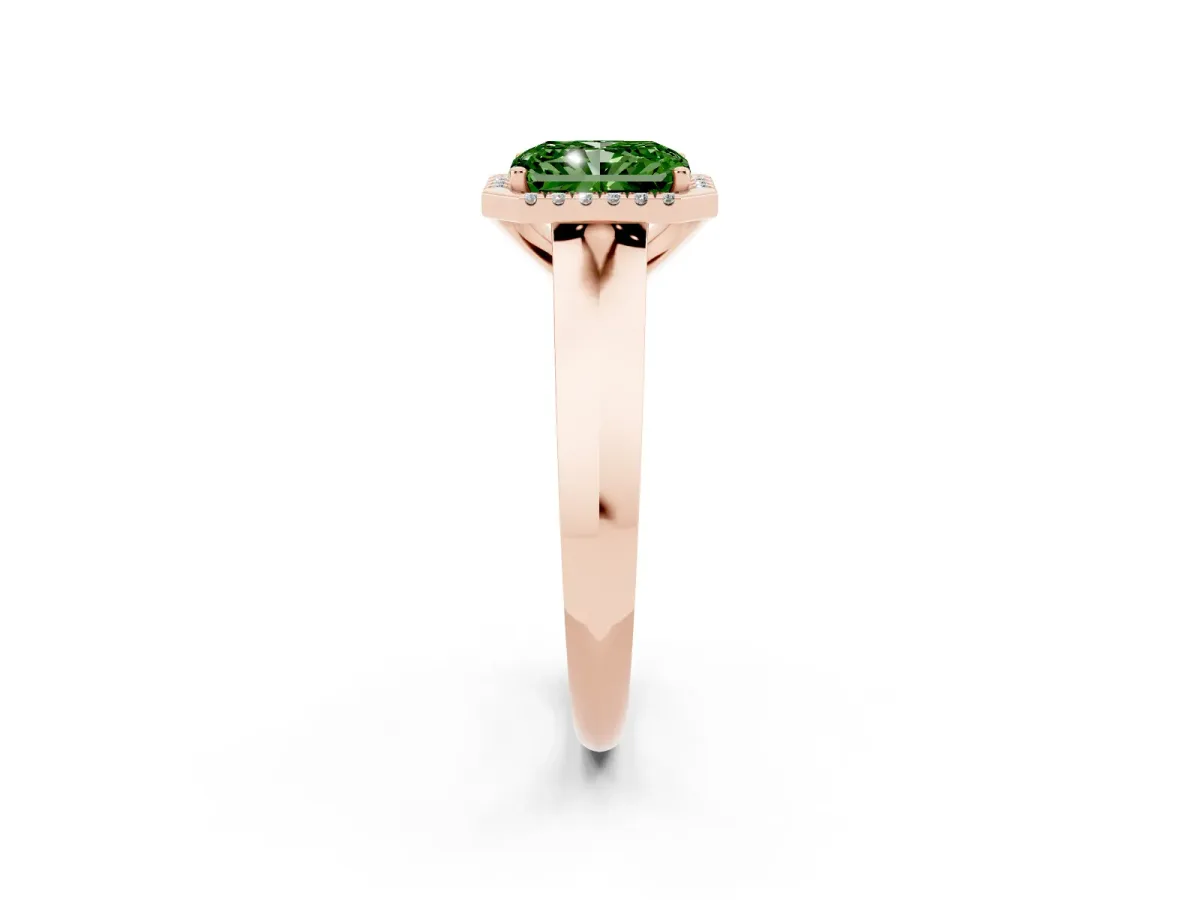 Fancy Green Radiant Cut Halo Diamond Ring with Cathedral Band and Four-Prong Setting Rose gold