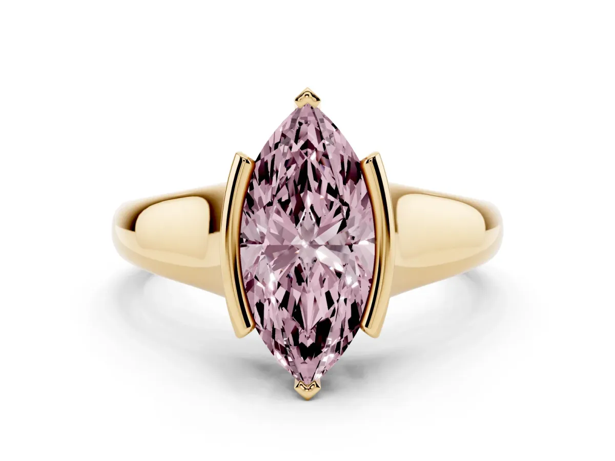 Fancy Pink Marquise Cut Solitaire Tension Set Diamond Ring with Split Shank Band Yellow gold