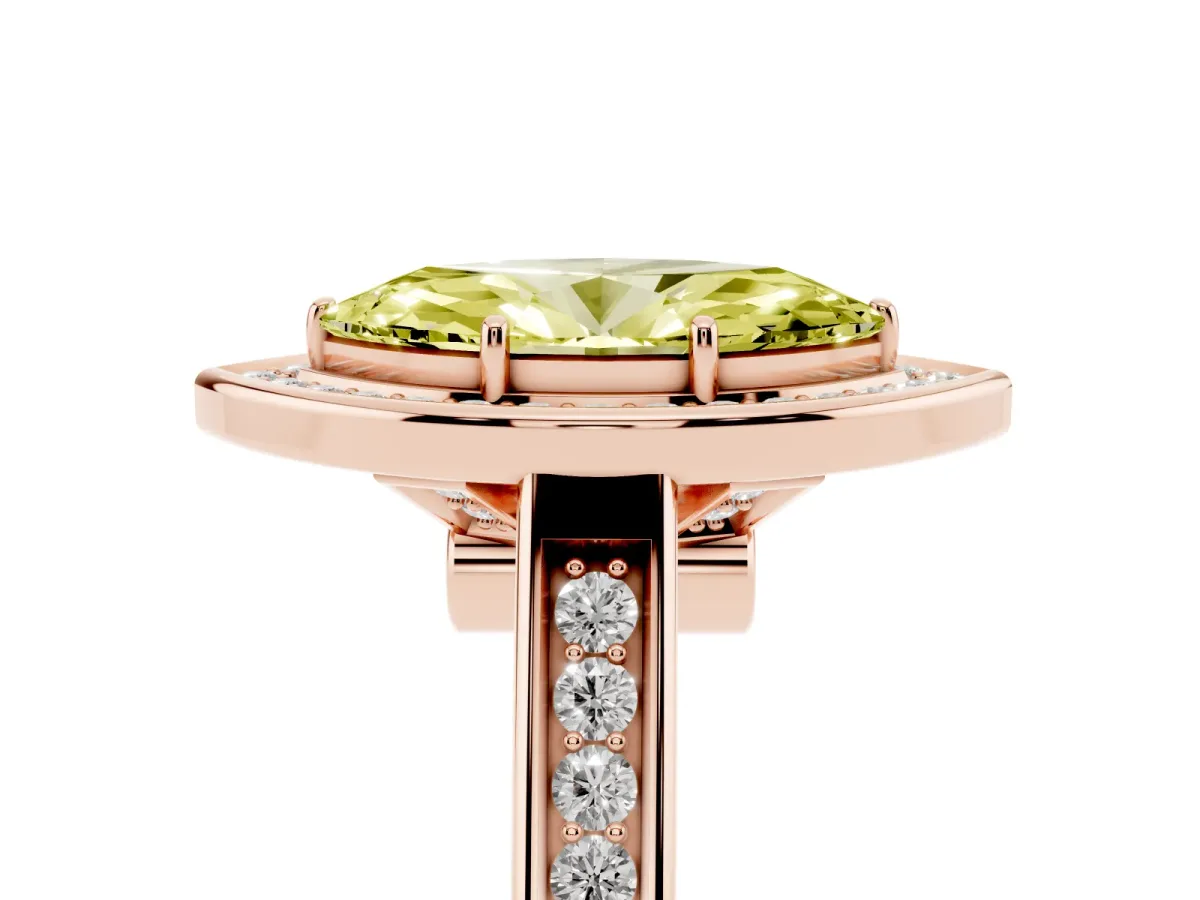 Fancy Yellow Marquise Cut Halo Solitaire Diamond Ring with Pave Band and Bezel Setting Rose gold
