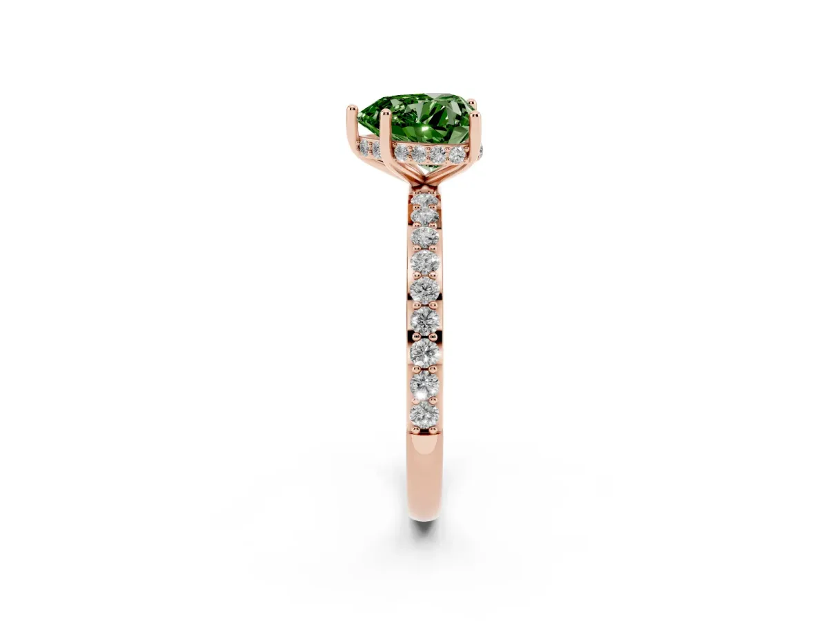 Fancy Green Heart Cut Diamond Solitaire Ring with Pavé Band and Hidden Halo Rose gold