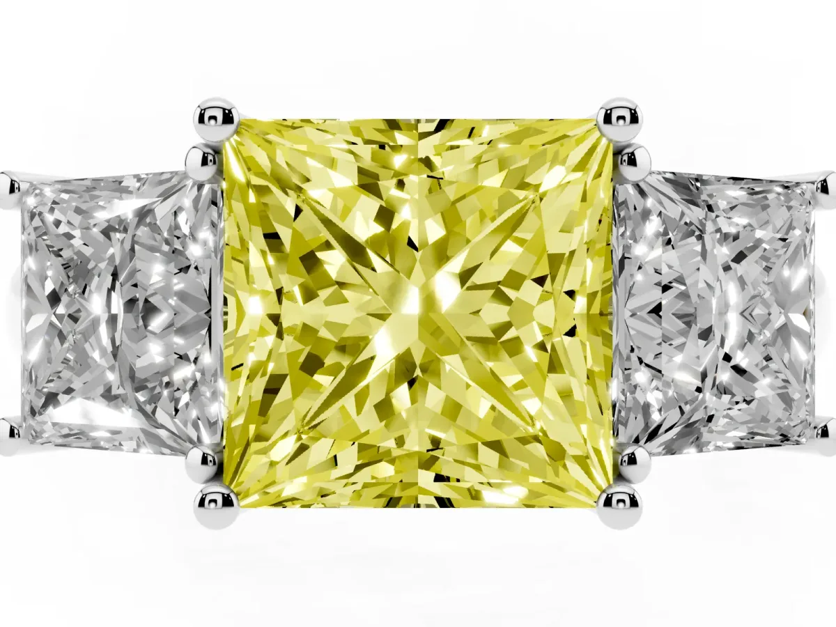 Fancy Yellow Three-Stone Princess Cut Diamond Engagement Ring with Prong Setting Silver