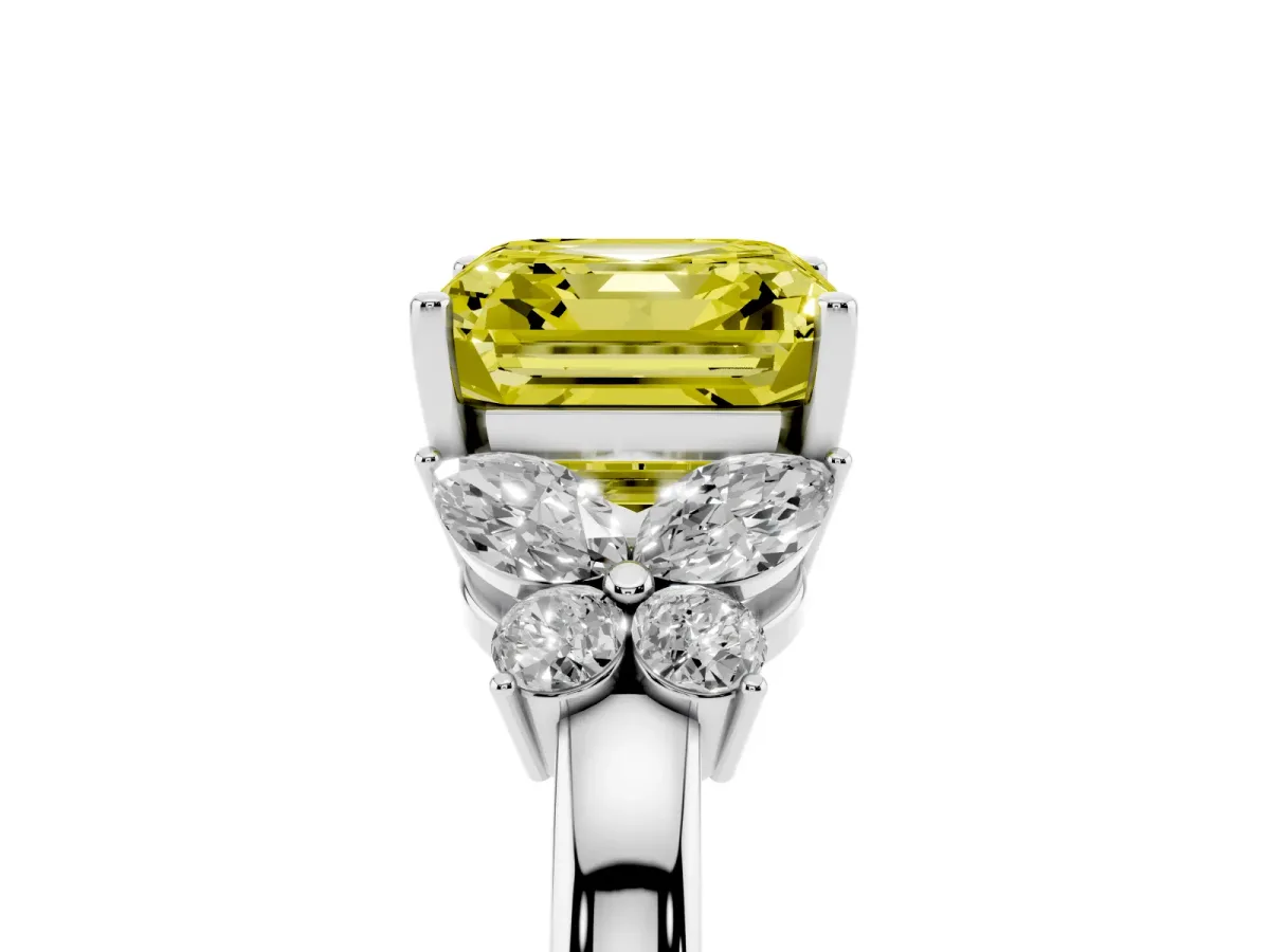 Fancy Yellow Asscher Cut Cut Solitaire Floral Diamond Ring with Four-Prong Setting Silver