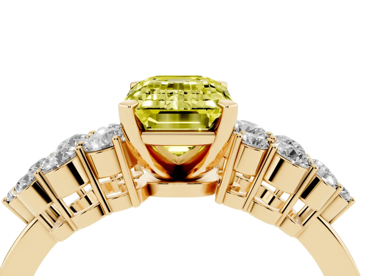 Fancy Yellow Emerald Cut Cluster Diamond Engagement Ring with Pavé Band and Four-Prong Setting Yellow gold