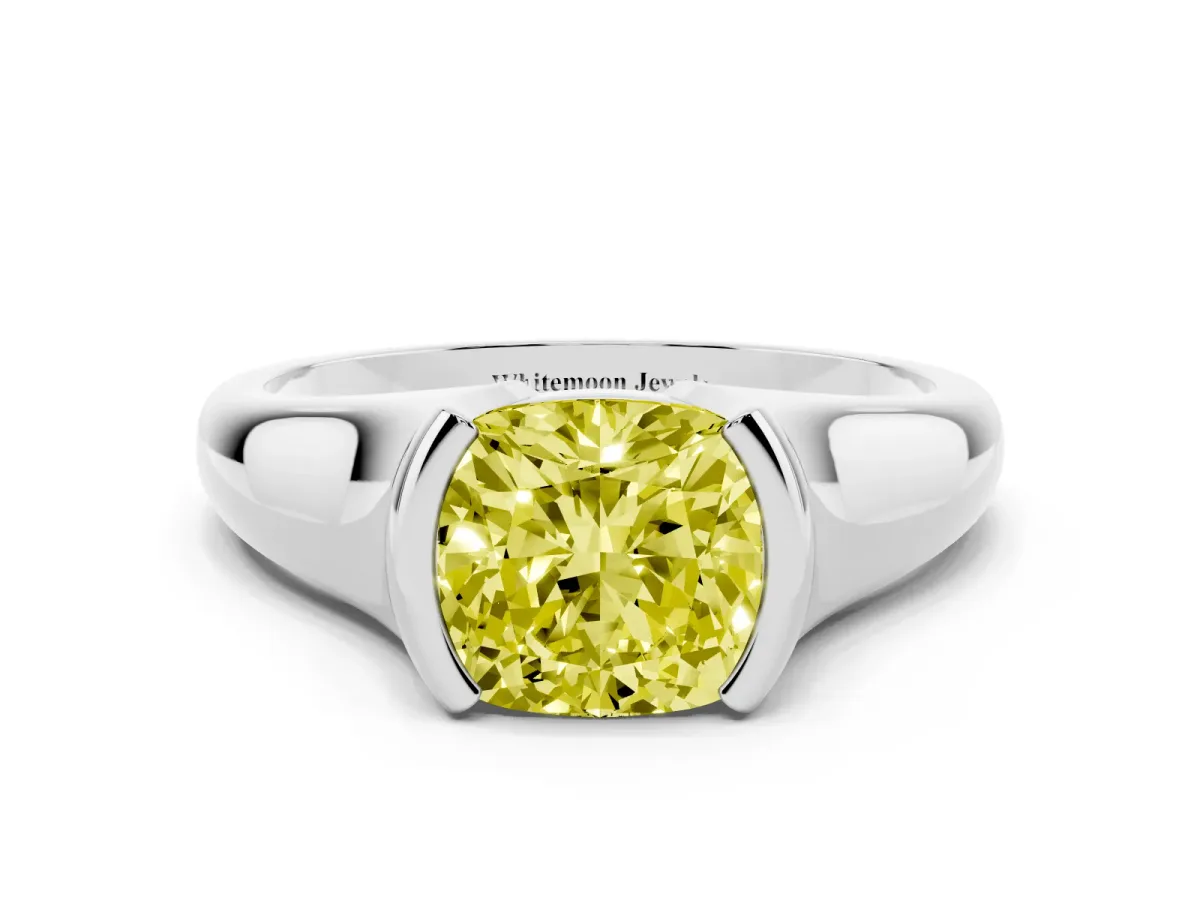 Fancy Yellow Cushion Cut Solitaire Tension Set Diamond Ring with Split Shank Band Platinum