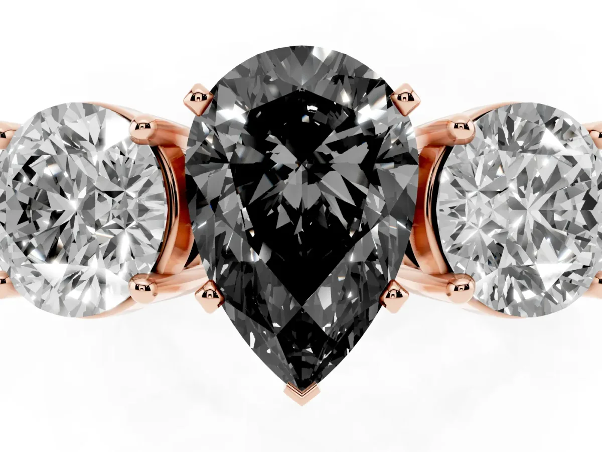 Fancy Black Three-Stone Pear Cut Diamond Ring with Round Side Stones, Classic Band, and Four-Prong Setting Rose gold